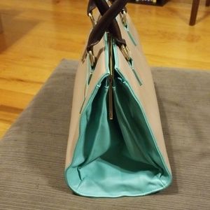 Taupe, Teal, and Brown Handbag